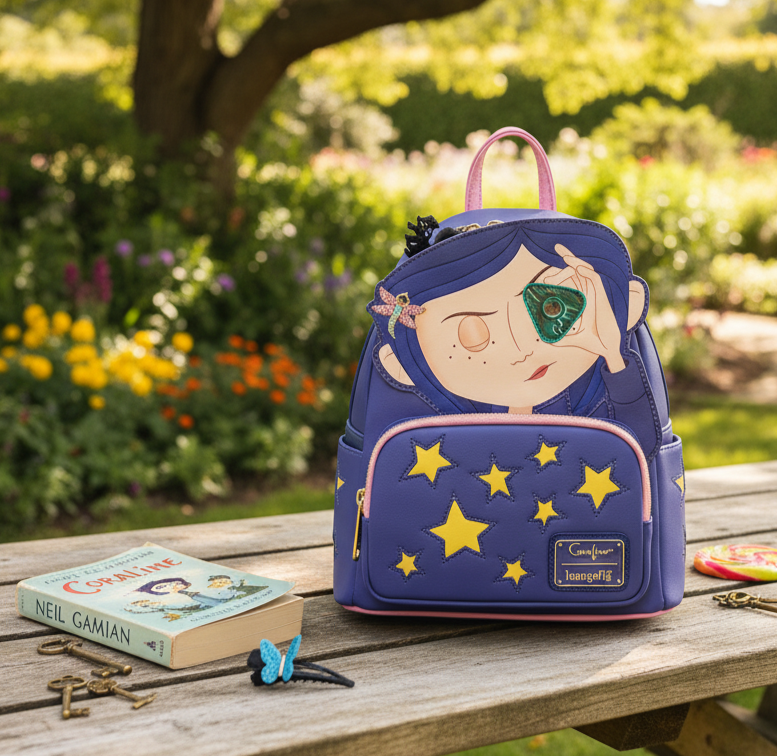 This is the Coraline Loungefly Mini Backpack With coraline holding a green triangle to her eye 