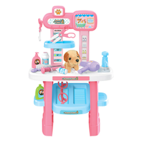Toy veterinary clinic set with pink and blue colors on a white background