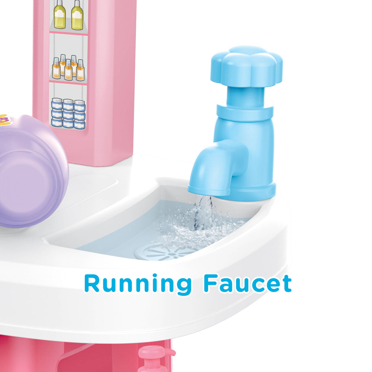Toy sink with running faucet and toy bottles on a white background