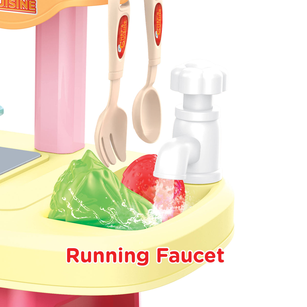 Toy kitchen set with running faucet and utensils on a white background