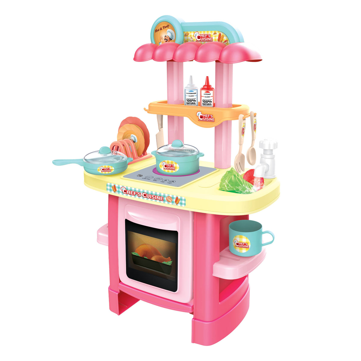 Toy kitchen set with pink stove and yellow countertop on a white background