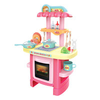 Toy kitchen set with pink stove and yellow countertop on a white background