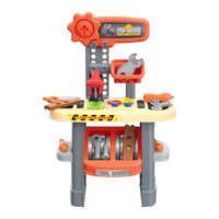 Toy tool bench with various tools on a white background