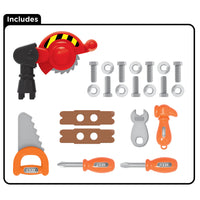Toy tool set with various tools and components on a white background