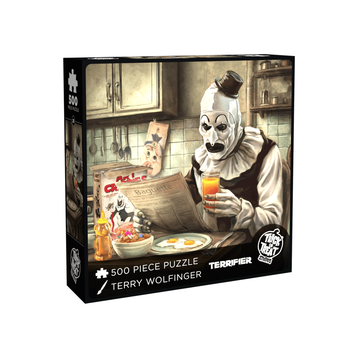 Puzzle box featuring a character with a mask reading a newspaper in a kitchen setting.