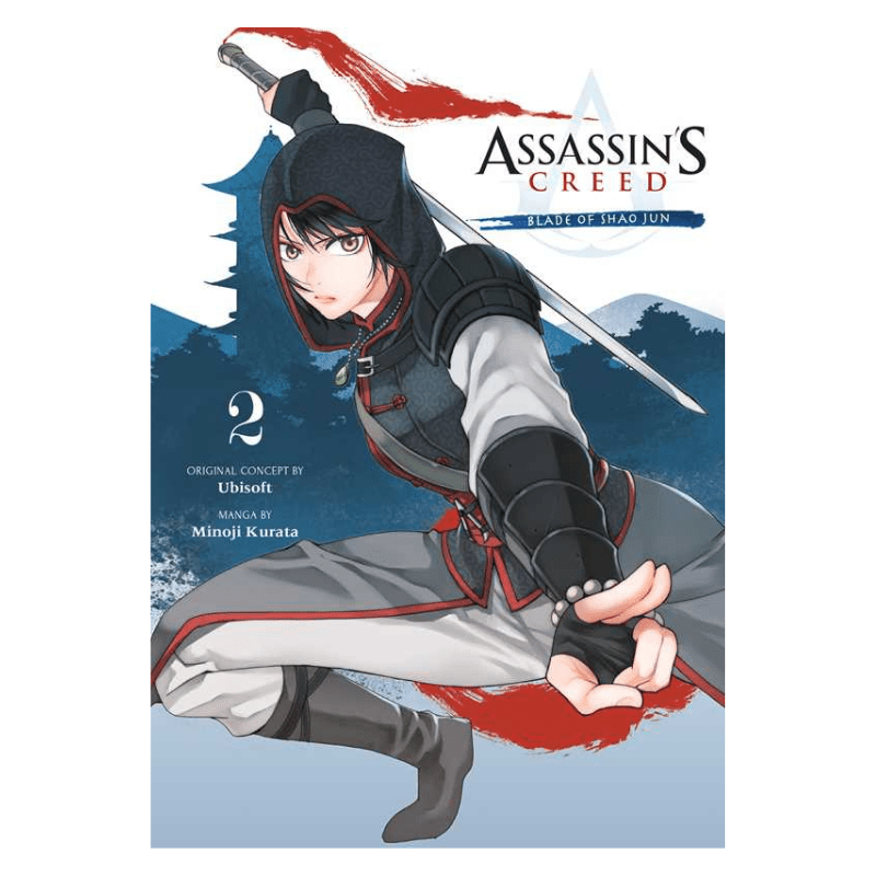 Front cover of the graphic novel Assassin's Creed: Blood of Ichao Jun Volume 2, featuring an anime-style illustration of a character in a black and gray assassin outfit with red accents, holding a sword, on a white background.