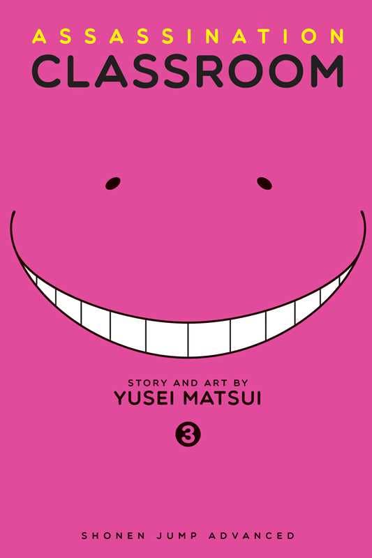 Book cover of 'Assassination Classroom' with a large smiley face on a pink background