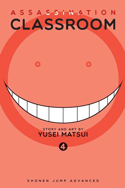 Book cover of 'Assassination Classroom' with a large smiley face on an orange background