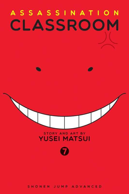 Book cover for 'Assassination Classroom' Volume 7 by Yusei Matsui, featuring a bright red background with a large white smiley face and black text.