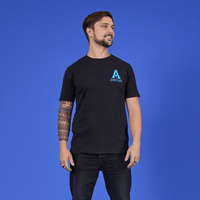 Man wearing a black t-shirt with a blue logo on a blue background