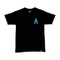 Black t-shirt with blue 'Avatar' logo on a white background