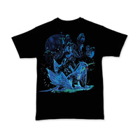 Black t-shirt with blue graphic design of two dolphins and a skeleton on a white background