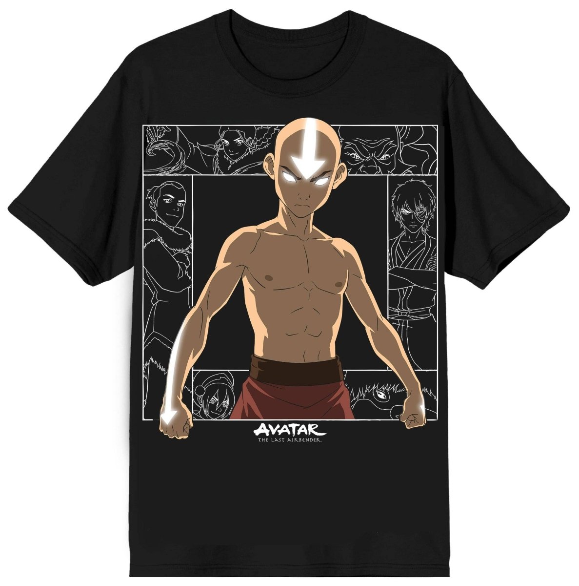 Black t-shirt with 'Avatar: The Last Airbender' character design on a white background