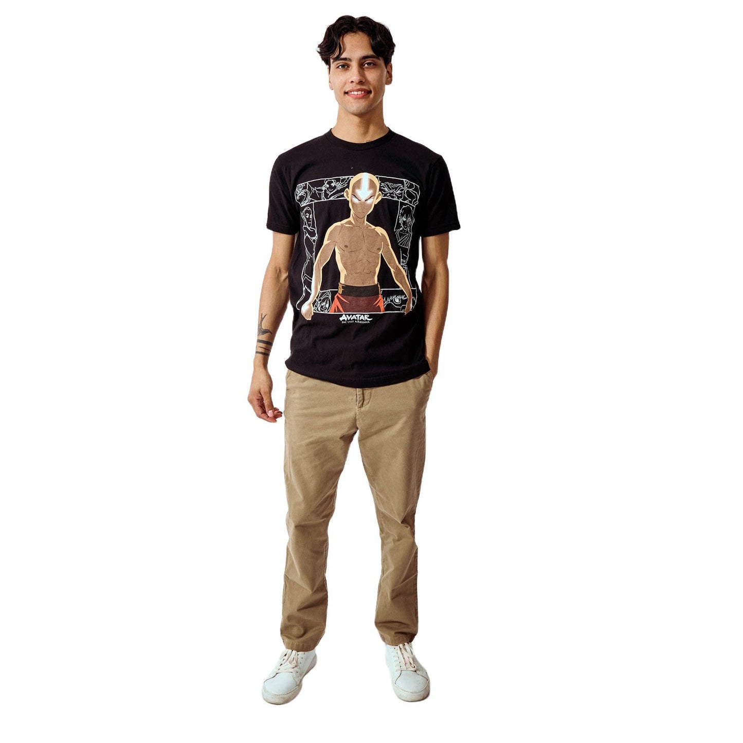 Person wearing a black t-shirt with a graphic design on a white background