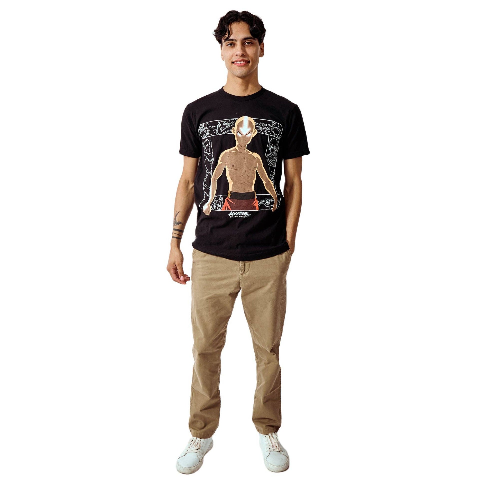 Person wearing a black t-shirt with a graphic design on a white background