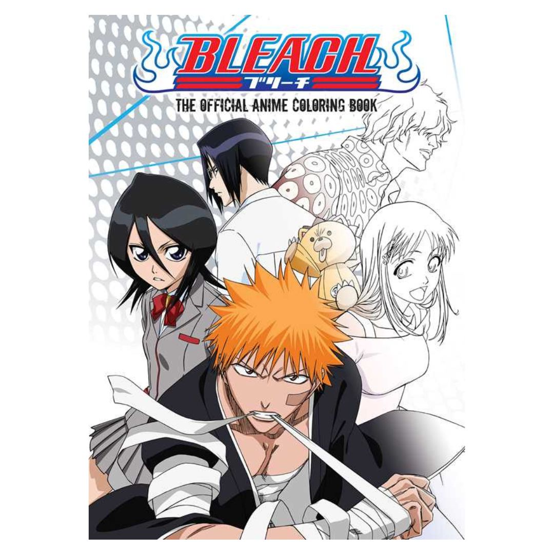 Cover of 'Bleach' coloring book with anime characters and logo.