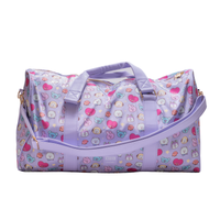 Purple duffel bag with cartoon character pattern on a white background