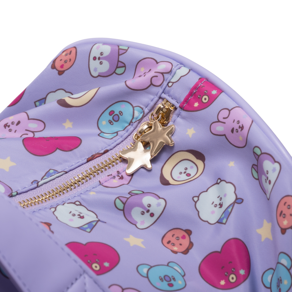 Purple pouch with cartoon character pattern and gold zipper