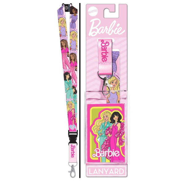 Barbie-themed lanyard with packaging on a white background