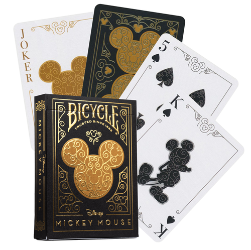 Bicycle Mickey Mouse playing cards with deck cover and cards displayed.