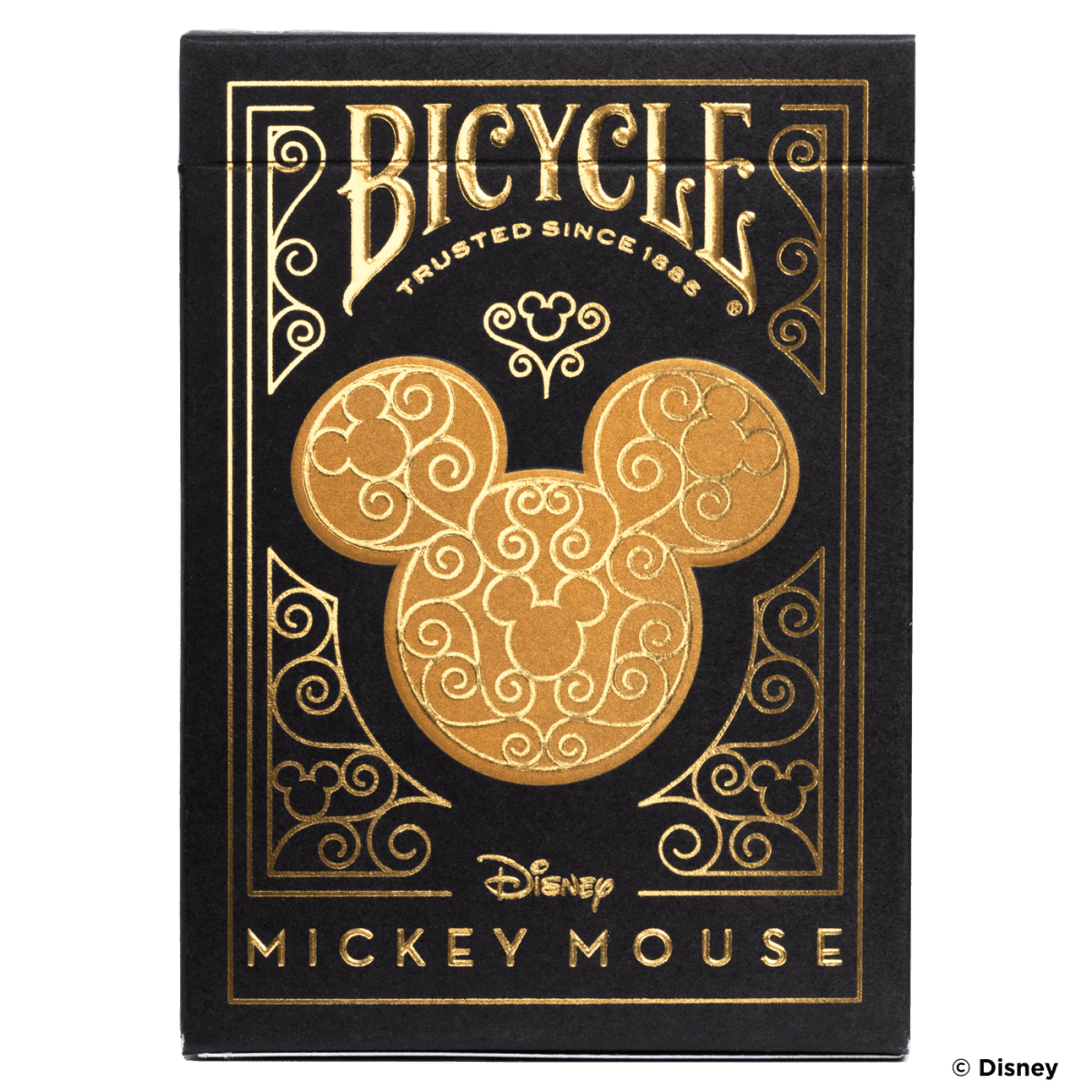 Bicycle Mickey Mouse playing cards packaging with gold design on black background