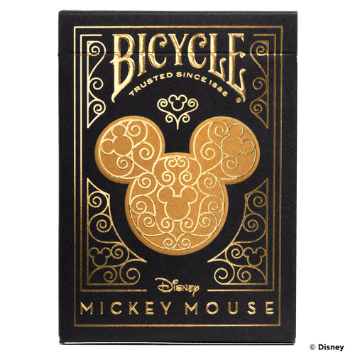 Bicycle Mickey Mouse playing cards packaging with gold design on black background
