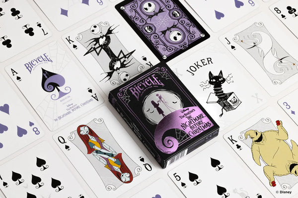 Playing cards featuring characters from 'The Nightmare Before Christmas' on a white background.