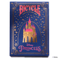 Bicycle Disney Princess playing card box with castle design on a blue background