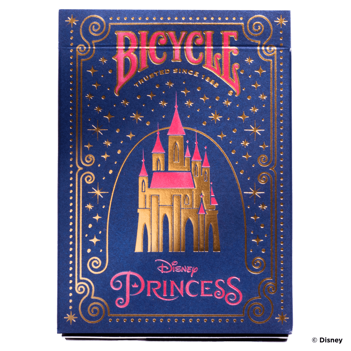 Bicycle Disney Princess playing card box with castle design on a blue background