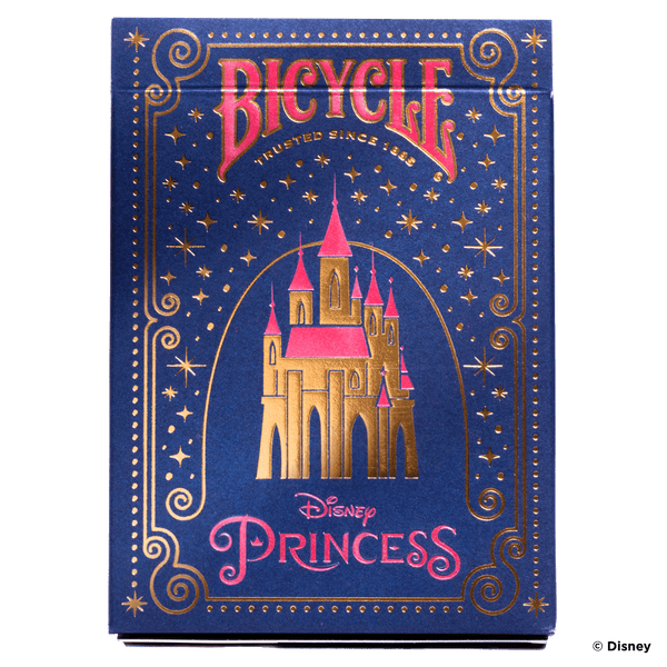 Bicycle Disney Princess playing card box with castle design on a blue background