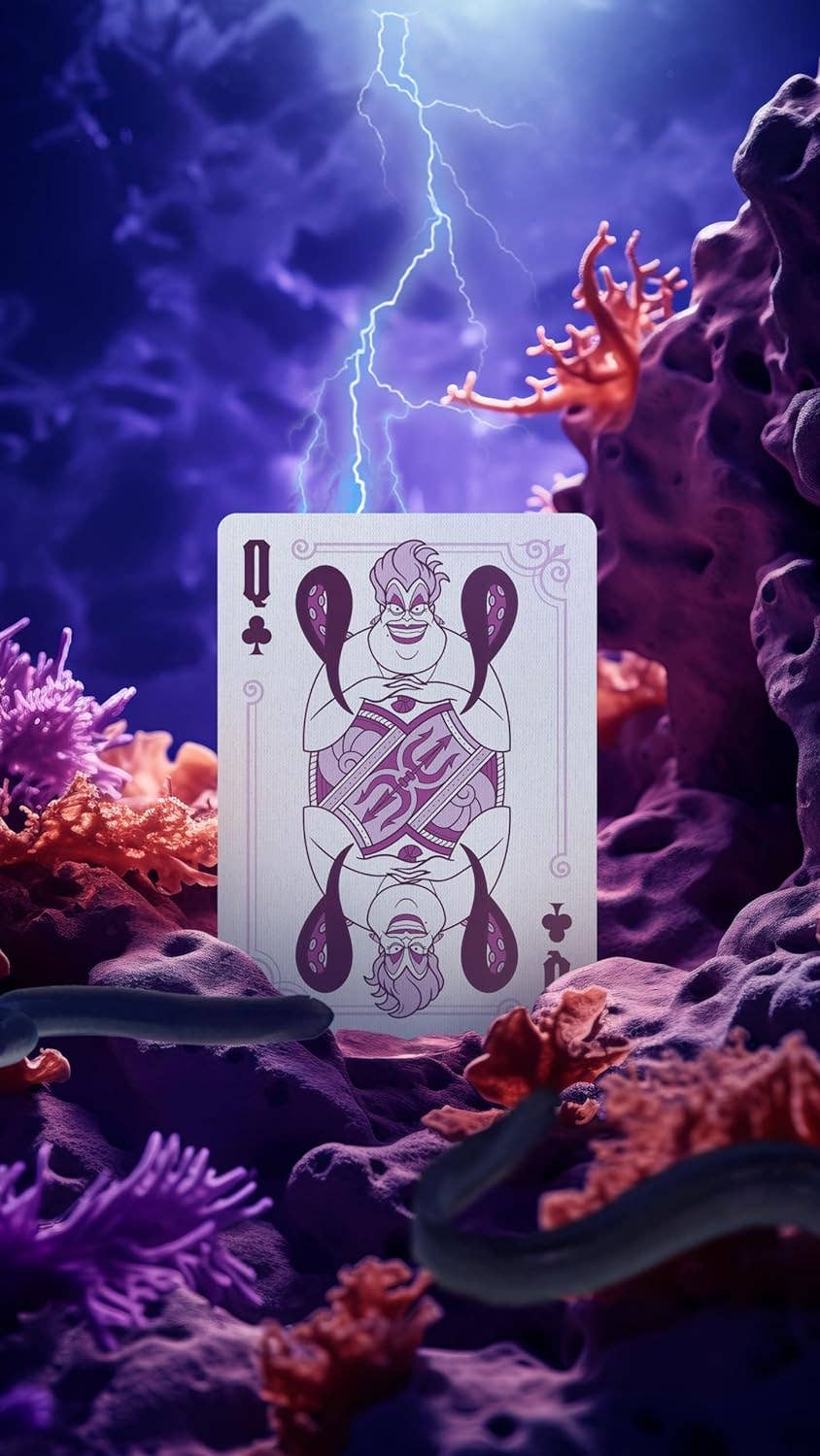 Playing card with a clown design on a surreal underwater background with purple lighting.