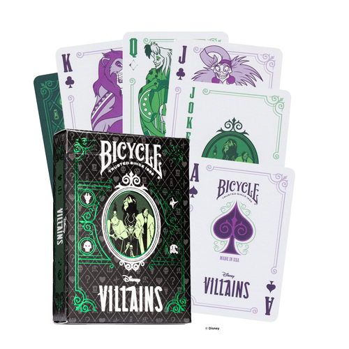 Bicycle Disney Villains playing cards with a deck cover featuring character designs.