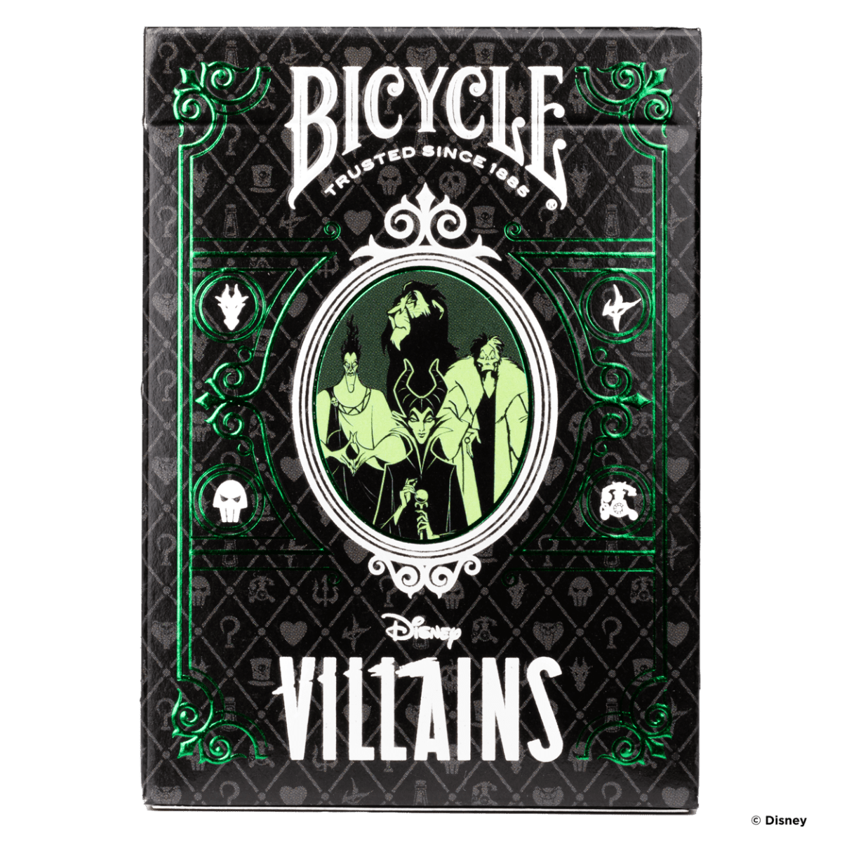 Bicycle Villains playing card deck packaging with green and white design on a black background