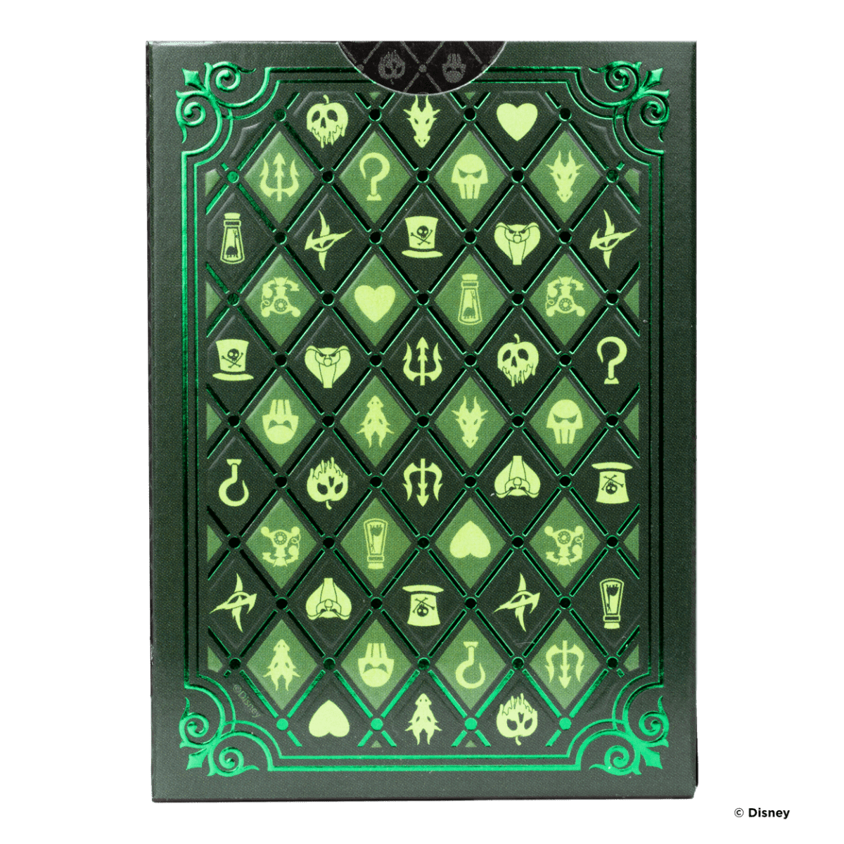 Decorative green and black card with various symbols on a transparent background