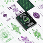 Bicycle Villains playing cards with green and purple designs on a white background