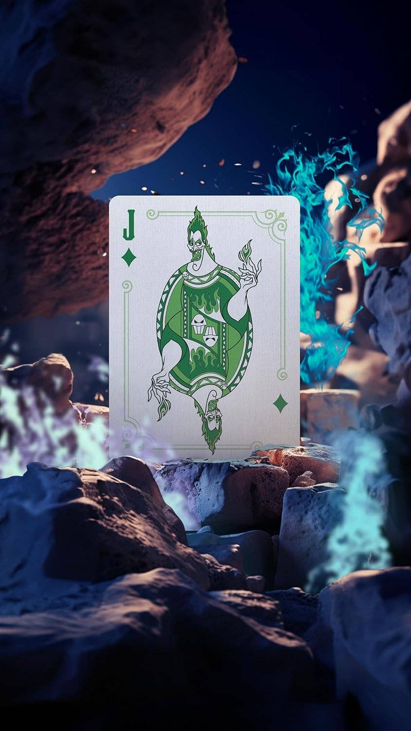 Playing card with a green joker design in a fantasy setting with rocks and glowing blue energy.