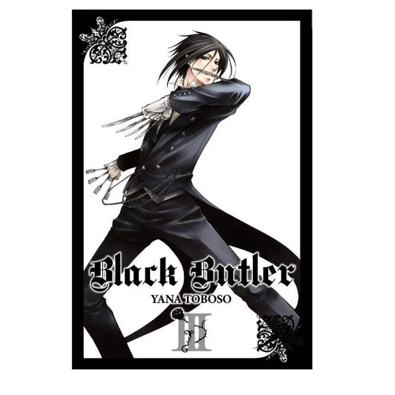 Black Butler Volume 2 book cover featuring the character Yoruichi in a dynamic pose, wearing a black suit with silver clawed gloves, on a white background with a black border.
