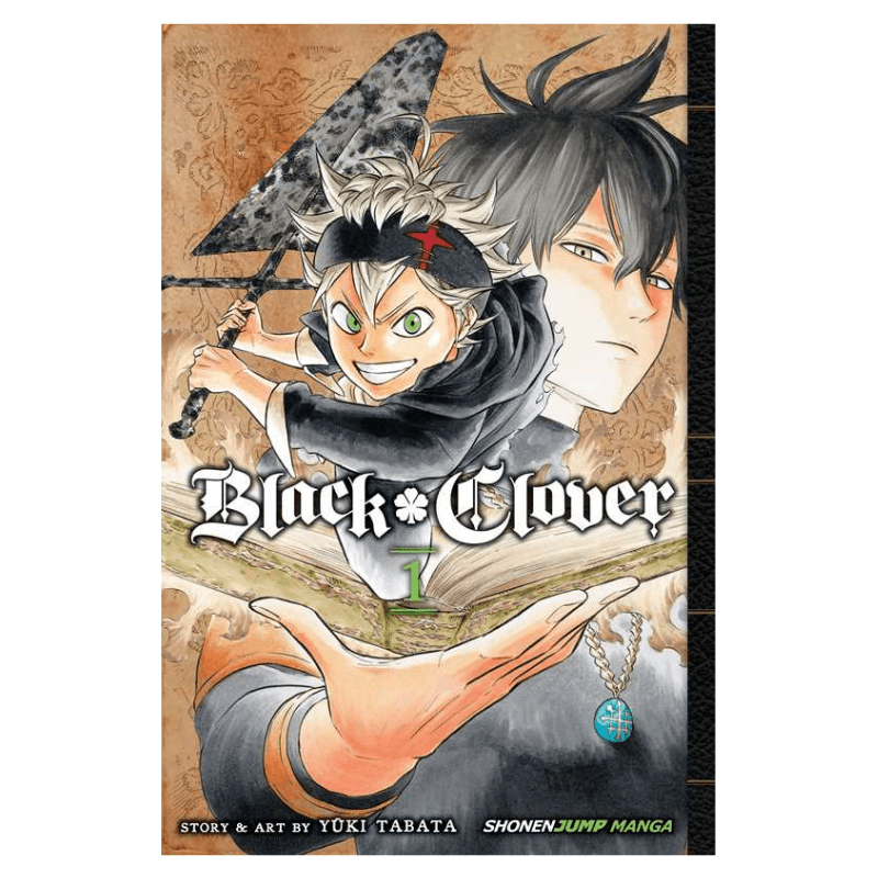 Black Clover Volume 1 manga book cover by Yuki Tabata, published by Shonen Jump Manga, featuring illustrations of the main characters Aizen and Eustase against a warm, ornate background.