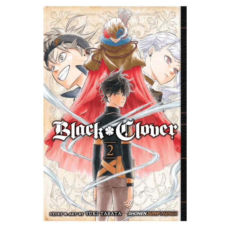 Black Clover Volume 2 manga book cover featuring the main character in a black and gold uniform with a large red cape behind him, surrounded by illustrated characters on a cream background. The title 'Black Clover' is prominently displayed, with the Shonen Jump Manga logo at the bottom.