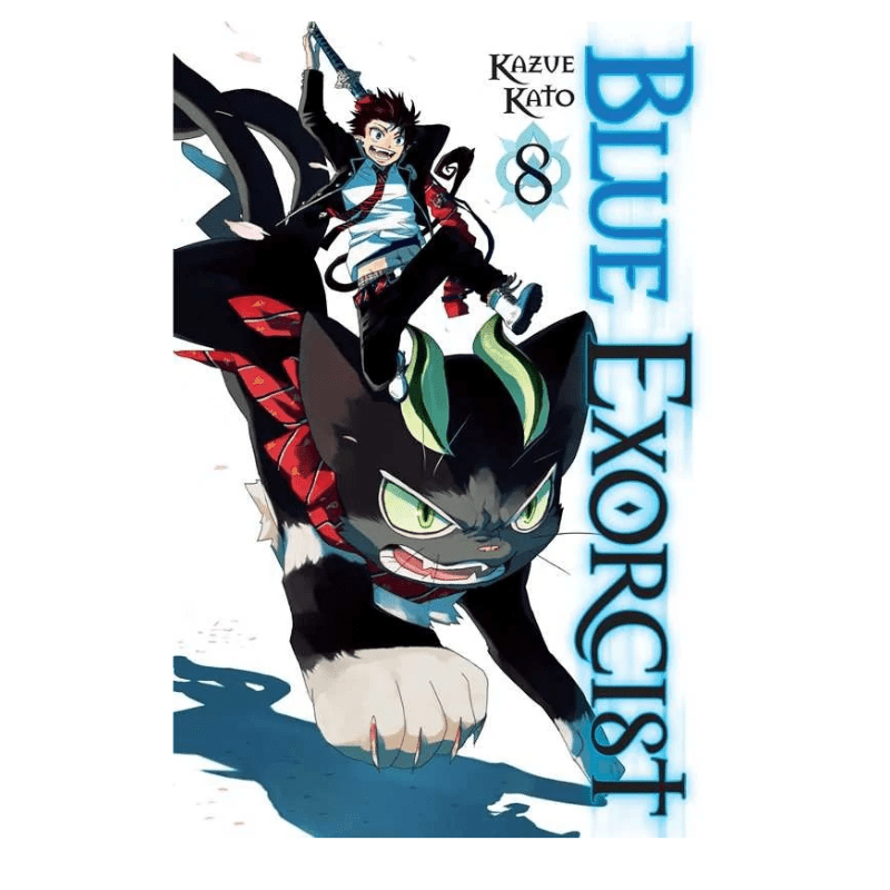 Blue Exorcist Volume 8 manga book cover featuring the character Satoru Gojo riding his black cat, Zenitsu Agatsuma, against a white background with blue title text.