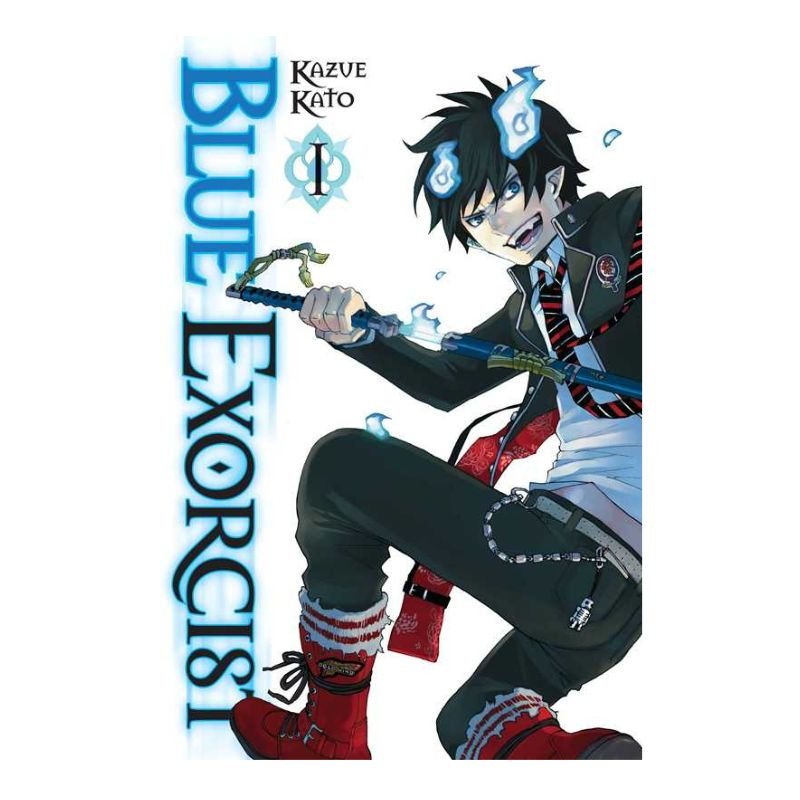 Front cover of the manga volume 'Blue Exorcist' Volume 1 by Kazue Kato, featuring the main character Tanjiro Kamado in a dynamic crouching pose holding a sword, with the title 'BLUE EXORCIST' printed vertically on the left against a white background.