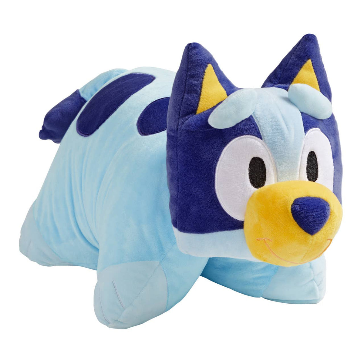 A plush pillow pet designed to look like the animated character Bluey, primarily blue with animal features such as ears and a tail.