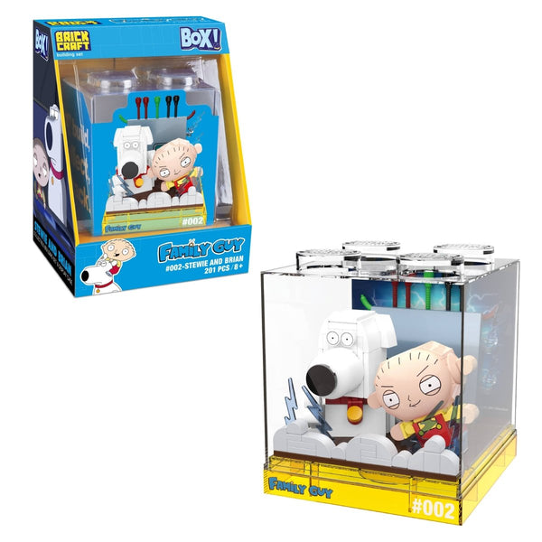 Family Guy figurines in a clear display case with packaging on a white background