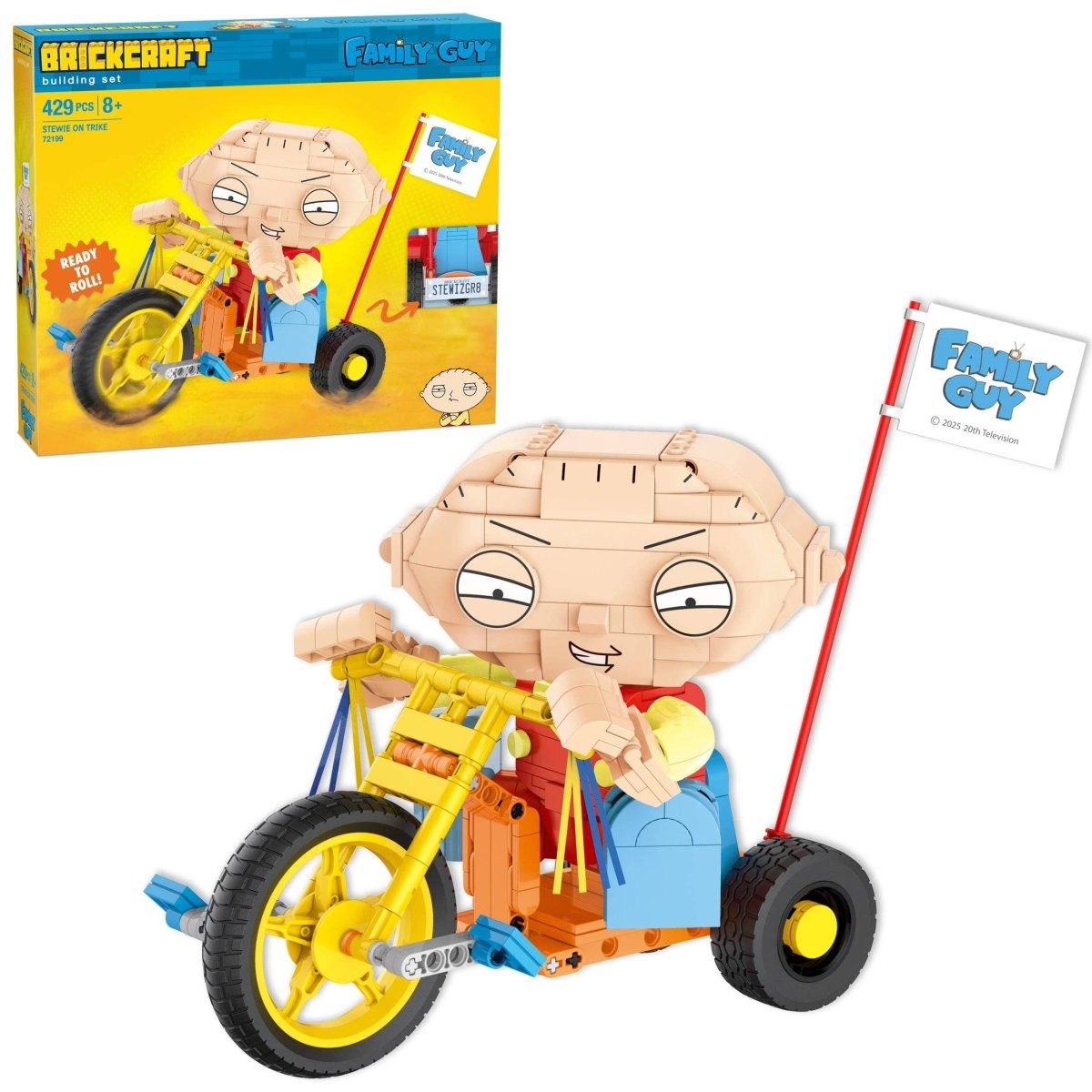 Toy figure of a character from 'Family Guy' on a bike with the toy set packaging in the background.