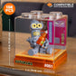 Toy robot figure in a clear display case with measurements and branding details.