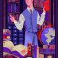 Tarot card featuring a man in a library with books and a globe, titled 'The Hierophant'.