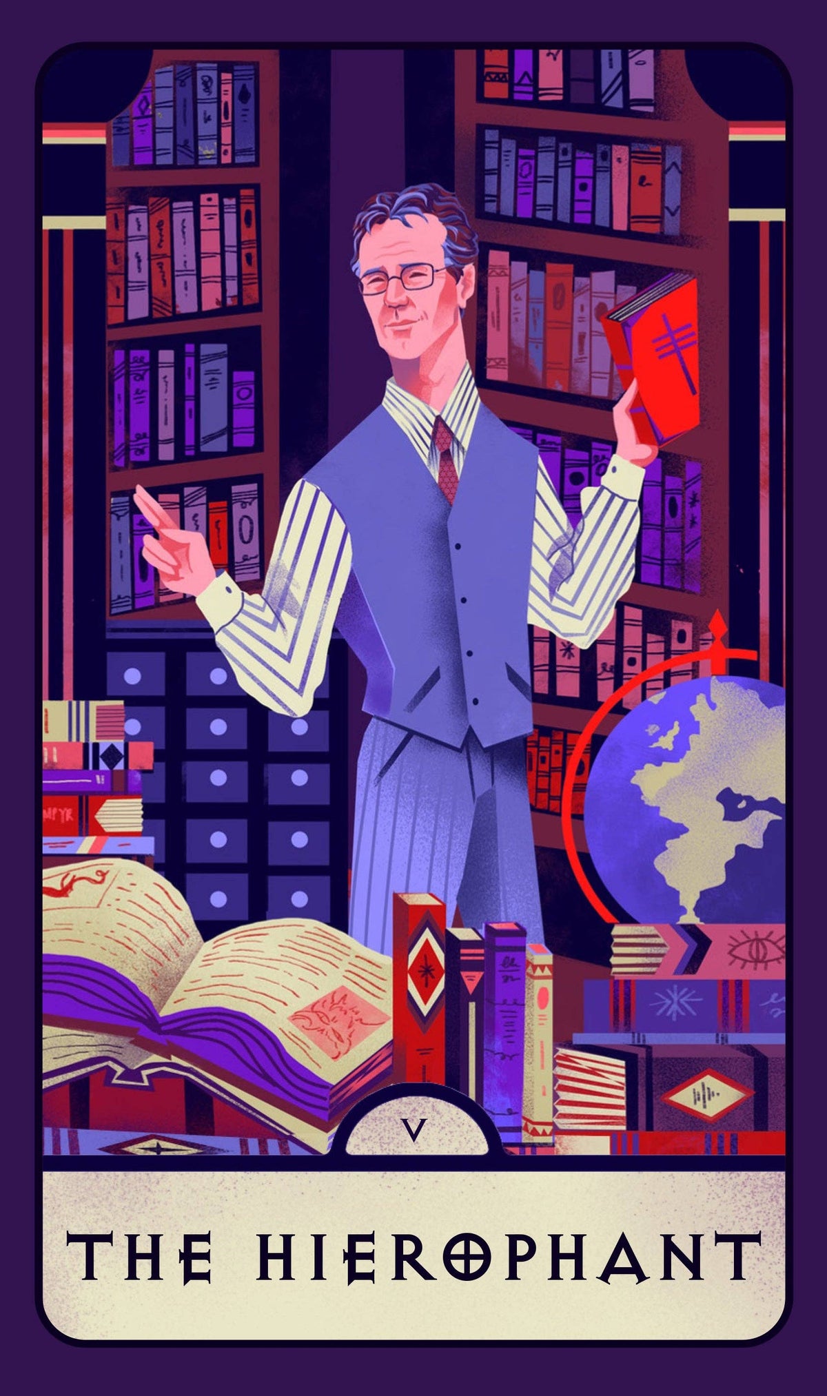 Tarot card featuring a man in a library with books and a globe, titled 'The Hierophant'.