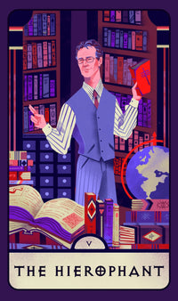 Tarot card featuring a man in a library with books and a globe, titled 'The Hierophant'.