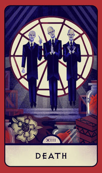 Tarot card titled 'Death' with three figures in suits and a red border.