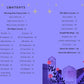 Table of contents for a tarot card book with a purple background and star decorations.